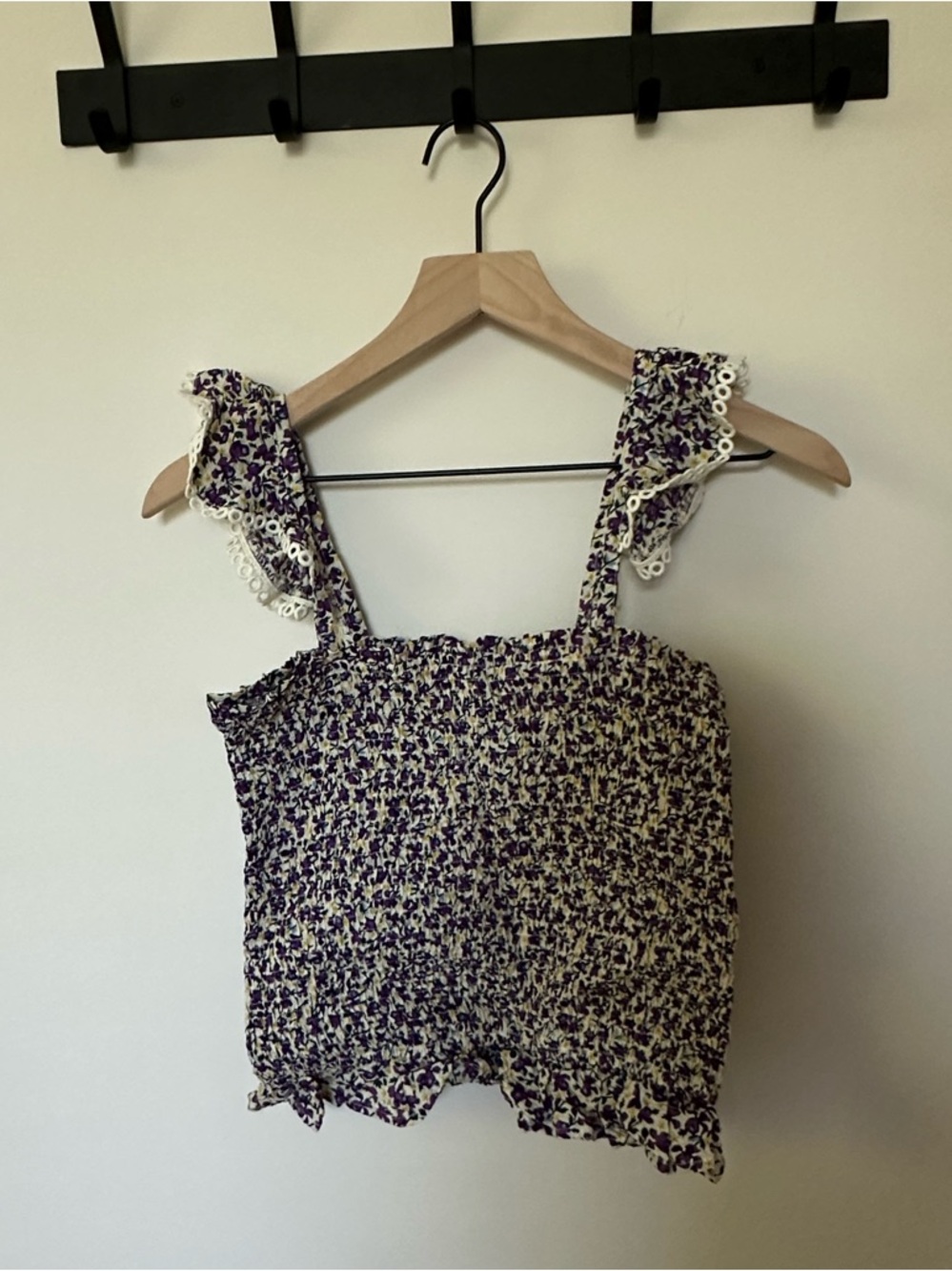 Promesa Floral Smocked Tank Top Purple Ruffle Strap Small NWT